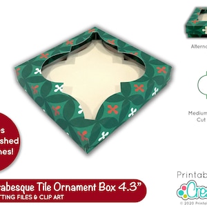 May include: A printable digital cutting file for a 4.3 inch medium arabesque tile ornament box. The box has a green and red patterned design with a cut-out window. The file includes solid and dashed score lines, an alternate lid window, and a cut file for the tile.