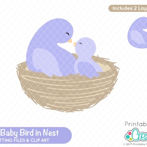 Könnte beinhalten: Ein lilafarbener Mamavogel und ein Babyvogel kuscheln sich in einem braunen geflochtenen Nest. Die Vögel schauen sich an und haben glückliche Gesichtsausdrücke.