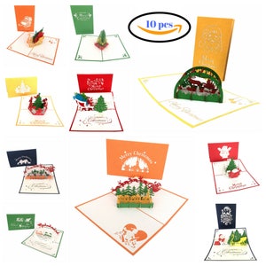 Pop Up Christmas Cards Set Lot 10 pcs Assortment- Value Boxed 3D Greeting Holiday Love Xmas Tree Santa Reindeer Handmade Gift Befun