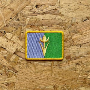 May include: Embroidered patch with a gold border, featuring a split design: a blue textured half and a green half. A gold floral design is centered on the patch. The patch is rectangular and sits on a wooden surface.