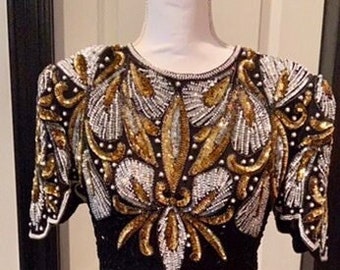 Laurence Kazar Beaded Gown/Mid Length Formal Dress/NWT/ Medium/Black, Gold, White Gown/Wedding Attire/Mardi Gras Gown