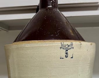 Vintage 5 Gallon Stoneware Crock with Bald Eagle - Early Americana Cabin Decor