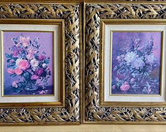 Vintage Floral Oil Painting Pair by Albert Williams, Framed Wall Decor