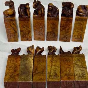 Antique Chinese Zodiac Seal Stamps/Hand Carved Soapstone/Chinese Calligraphy/Unique Home Decor/Chinese Animal Engraving/Zodiac Signs