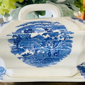 May include: A white ceramic gravy boat with a blue and white landscape design. The boat has a lid and a handle. It is sitting on a matching saucer.