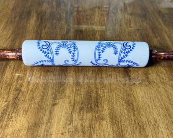 Antique Stoneware Rolling Pin- Blue White Kitchen Utensils