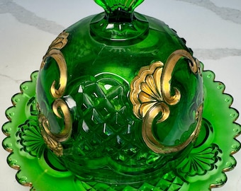 Antique Butter Dish- Green Croesus Glass Dish