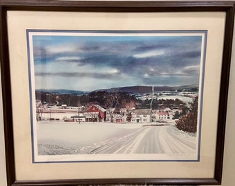 Mildred Sands Collotype/Framed Artwork/Artist Signed Painting/First Snowfall at Knauertown/1982 Print/Vintage Wall Decor