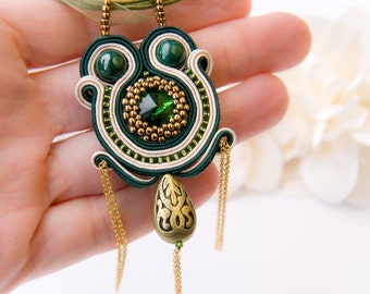 Green Bronze Soutache pendant, Beadwoven pendant with Malachite beads, Soutache jewelry for everyday wear, gift for her, gift for woman