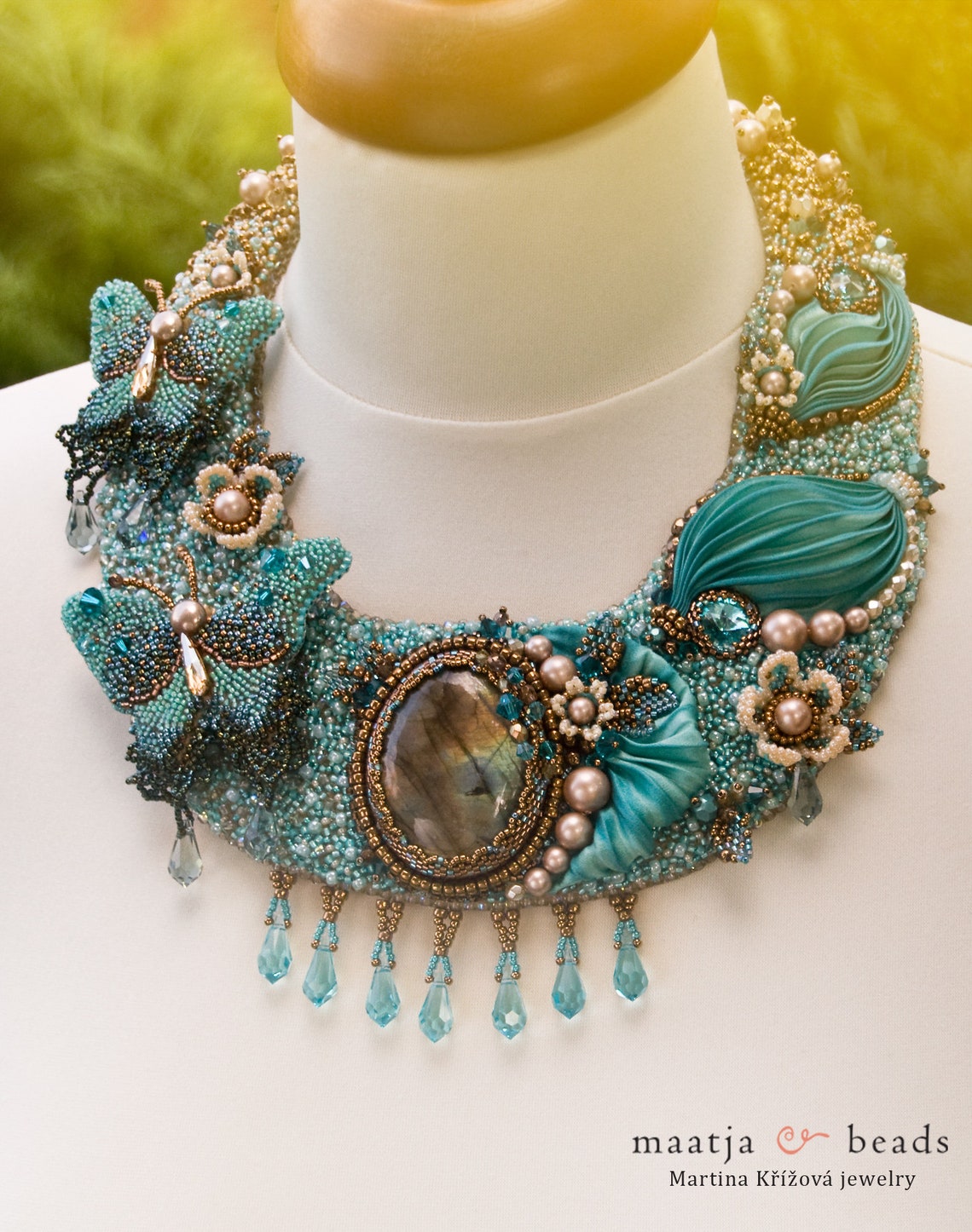 Turquoise Statement Bead Embroidered Necklace, Floral Shibori Necklace ...