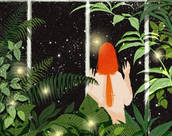 Longing A4 Art Print / Interior Illustration, Plant lady, galaxy, starry night