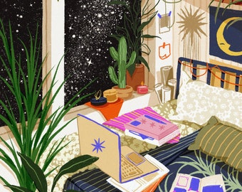 Quiet and Cozy A4 Art Print / Interior Illustration, Plant lady, galaxy, starry night