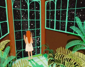 Mira las estrellas A4 Arte Impresión / Ilustración Interior, Planta dama, galaxia, noche estrellada