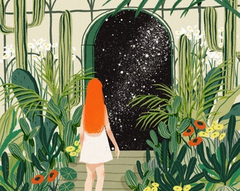 Come With Me, Where Dreams are Born and Time is Never Planned A4 Art Print / Interior Illustration, Plant lady, galaxy, starry night