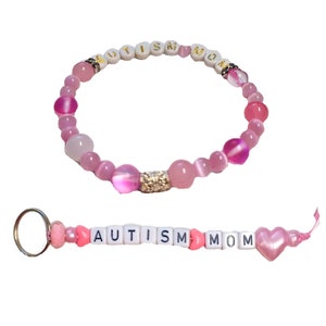 Autism Mom Awareness Beaded Stretchy Bracelet and Matching Keyring