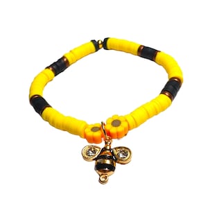 Black and Yellow Heishi Disc Beaded Bumble Bee Charm Bracelet