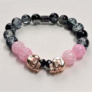 Pink and Black Beaded Skull Bracelet 7.5 inch Stretchy