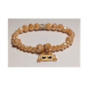 Beige Multi-faceted Beaded Bracelet with Cat Charm