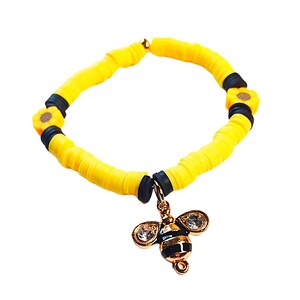 Black and Yellow Heishi Beaded Bumble Bee Charm Bracelet with Flower Accents
