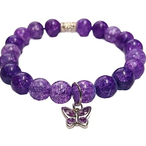 Butterfly Charm Purple Glass Crackle Beaded Bracelet