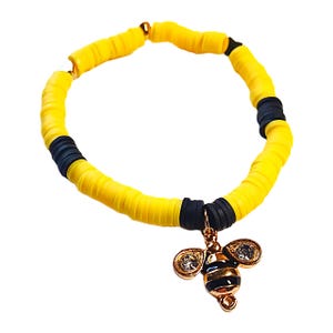 Black and Yellow Heishi Beaded Bumble Bee Charm Bracelet with Heart Accents