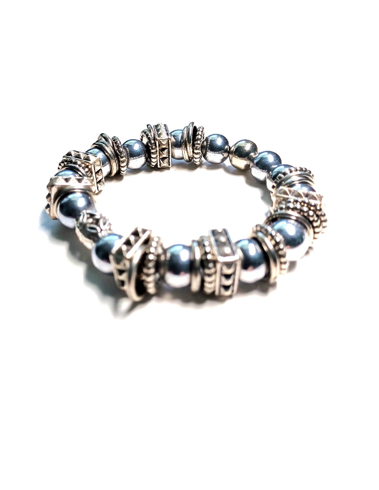 Silver Metal 7.75inch Rugged Beaded Bracelet - Etsy