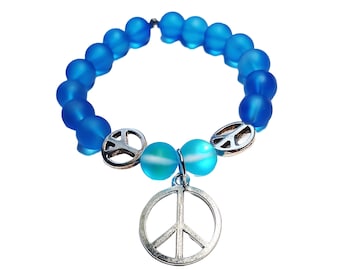 Fashionable Frosted Blue Beaded Bracelet-Peace Sign Charms