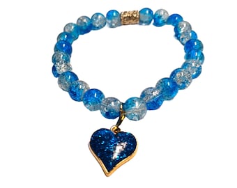Fashionable and Elegant Chic Blue and Clear Heart Charm Beaded Bracelet