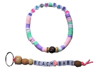 Novelty Beach Babe Beaded Stretchy Bracelet and Matching Key Ring