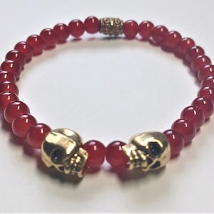Biker Skull Crimson Beaded Bracelet 7.5 inch Stretchy