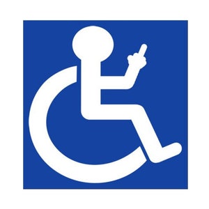 May include: A white stick figure in a wheelchair with their middle finger raised. The figure is on a blue background.