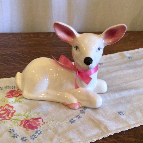 Deer/Doe Figurine- Mid Century Modern- White Ceramic with Pink Accents