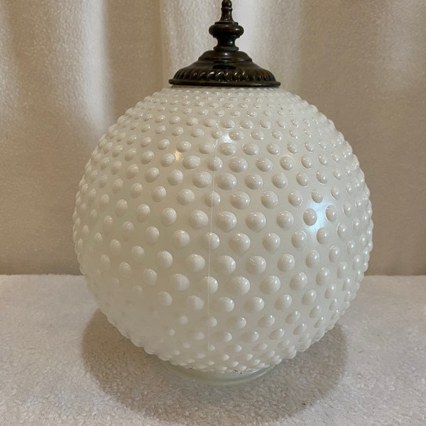 White Hobnail Glass Lamp Globe with Antique Brass End Cap- Vintage