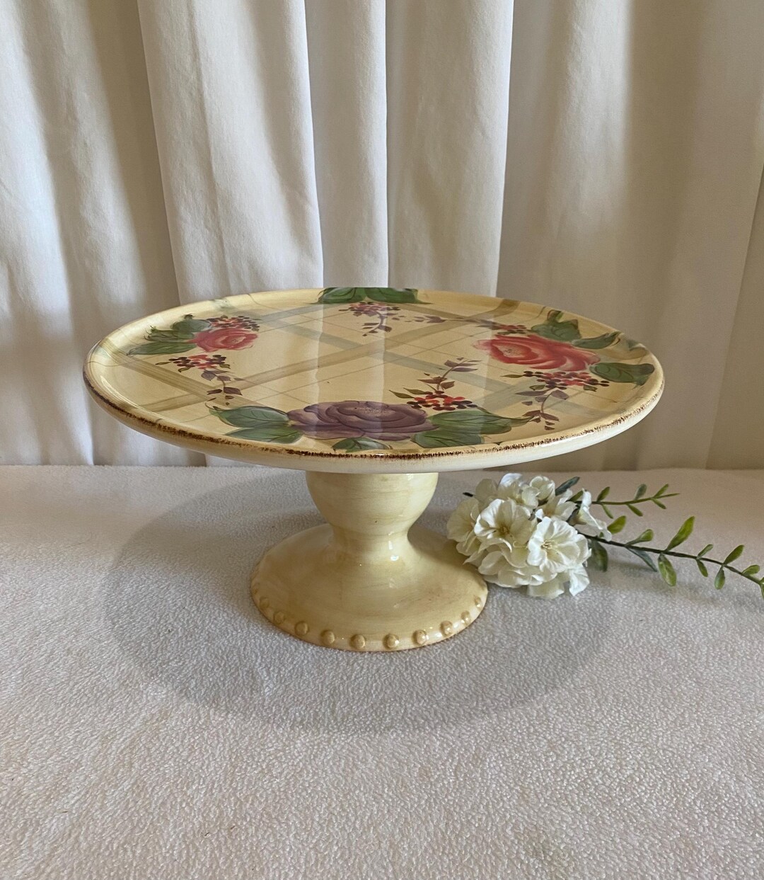 Floral Cake Stand - Plaid and Roses - Ceramic - Vintage - Etsy
