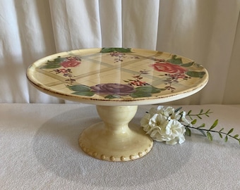 Floral Cake Stand - Plaid and Roses - Ceramic - Vintage