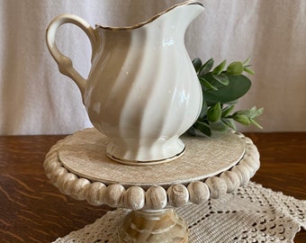 Creamer/Pitcher- White with Metallic Gold Trim and Swirl Texture - Vintage
