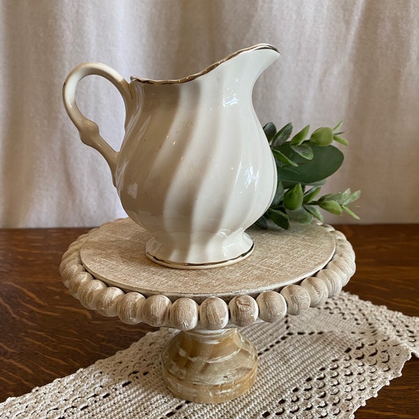 Creamer/Pitcher- White with Metallic Gold Trim and Swirl Texture - Vintage