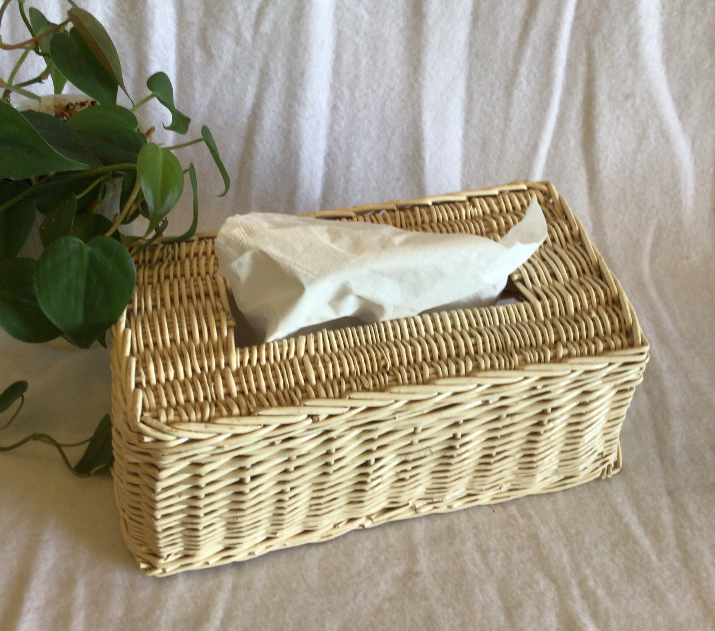 Vintage Rectangle Off White Wicker Tissue Box Cover Boho Etsy