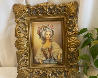 Framed Print of Victorian Lady - Padded Print on Fabric - Goldtone Ornate Frame - Vintage