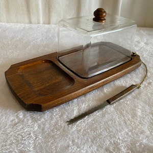 Rectangle Cheese Tray/Charcuterie Board with Square Dome and Knife- Vintage