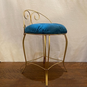 Vanity/Boudoir Chair/Stool - Gold Tone - Teal Upholstered Tuffed Padded Seat - Vintage - RESTORED