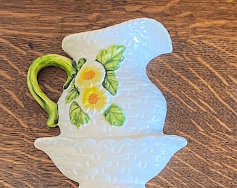 Wall Pocket/Planter/Vase -  Lefton #4467 White Ceramic Pitcher with Raised, Textured Flowers  - Vintage