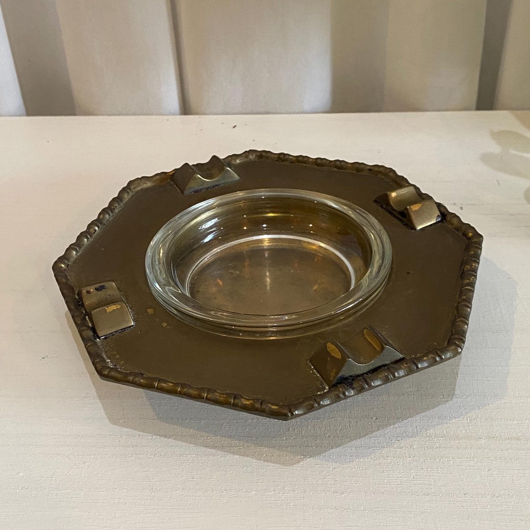 Removeable Glass Insert Brass Octagonal Ashtray With Removable Glass Insert - 4 Cigarette Slots ...
