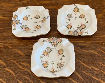 Individual Porcelain China Ashtray - Set of 3 - Gold Trim - Handpainted Pink Flowers - Vintage