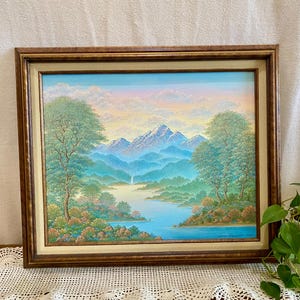 Vintage Asian Landscape Painting: Signed Original Wall Art, Wood Frame