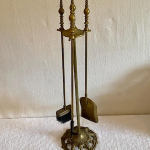 Brass Fireplace Tools with Stand - Ornate Details - Shovel, Brush, Poker - Vintage