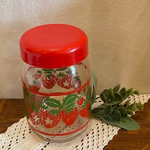 Glass Jar/Canister with Screw On  Lid - Strawberry Design - Vintage