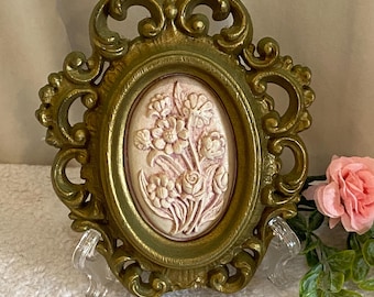 Framed Oval Wall Plaque - Ornate Gold Tone Frame with Pink Floral Relief  - Burwood Products 4439 - Vintage