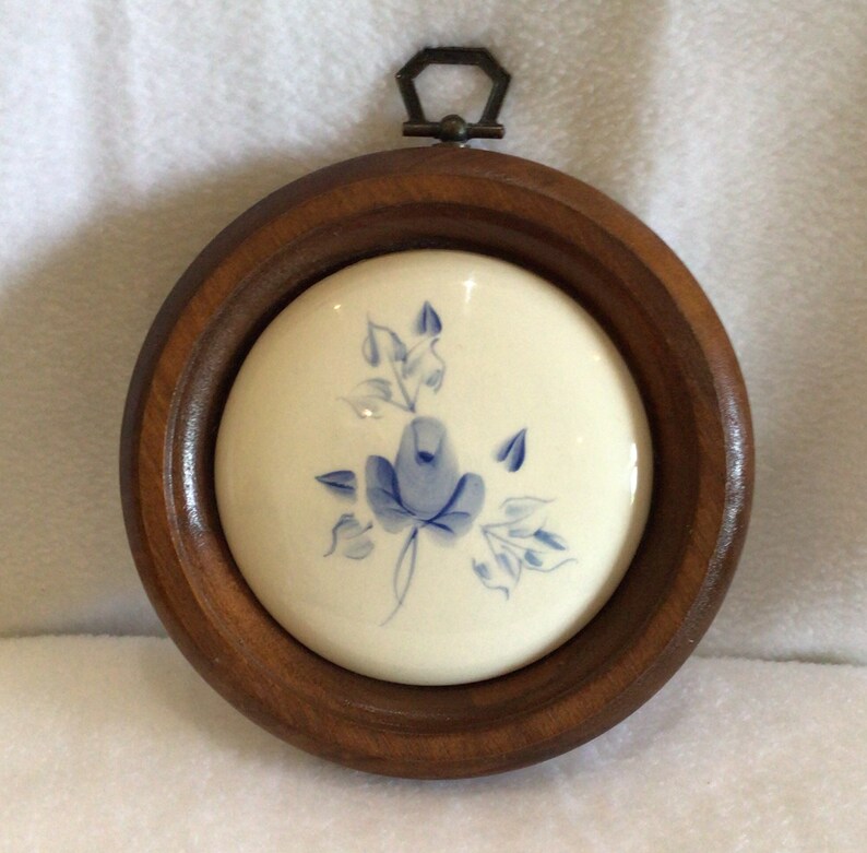 Wall Decor Round Wood Frame Center Ceramic Tile/blue Rose Etsy