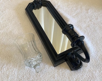 Black Wall Sconce/Accent Mirror - Candleholder - Clear Diamond Cut Votive Candle Cup - Homco #4277 - Vintage